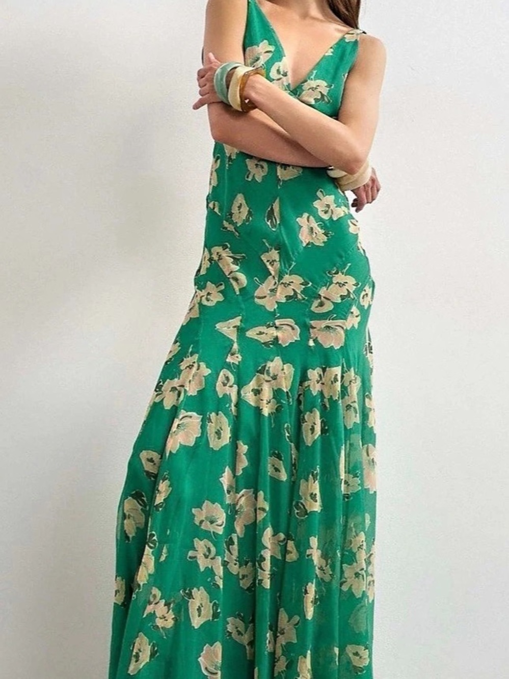Topshop chiffon maxi dress with seam detailing in green floral